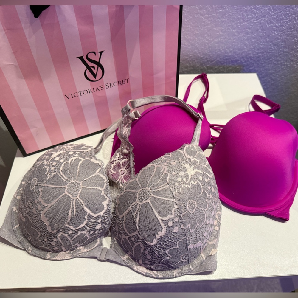 Victoria's Secret Floral Lace Gray and Vibrant Pink Bra Duo